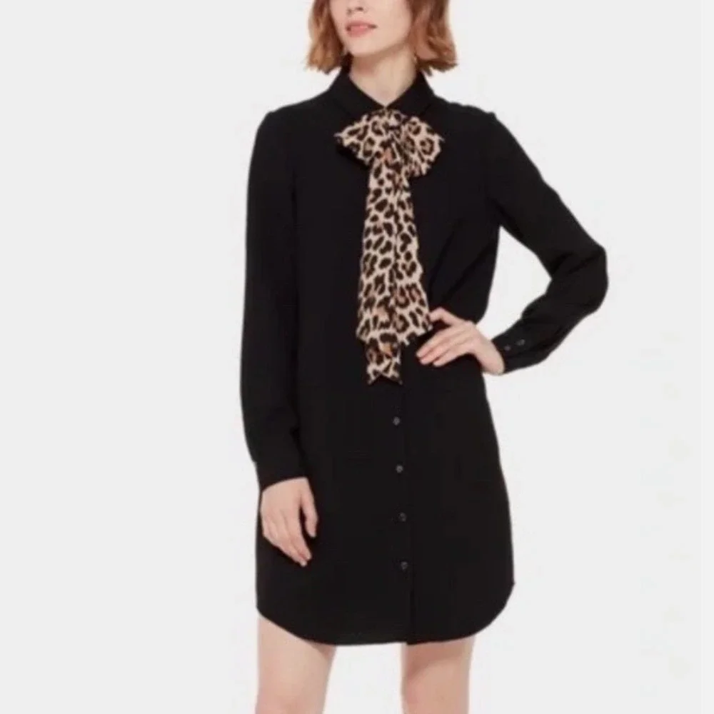 Kate Spade Griffin Leopard Silk Bow Shirt Dress Black Long Sleeve Womens Size 0